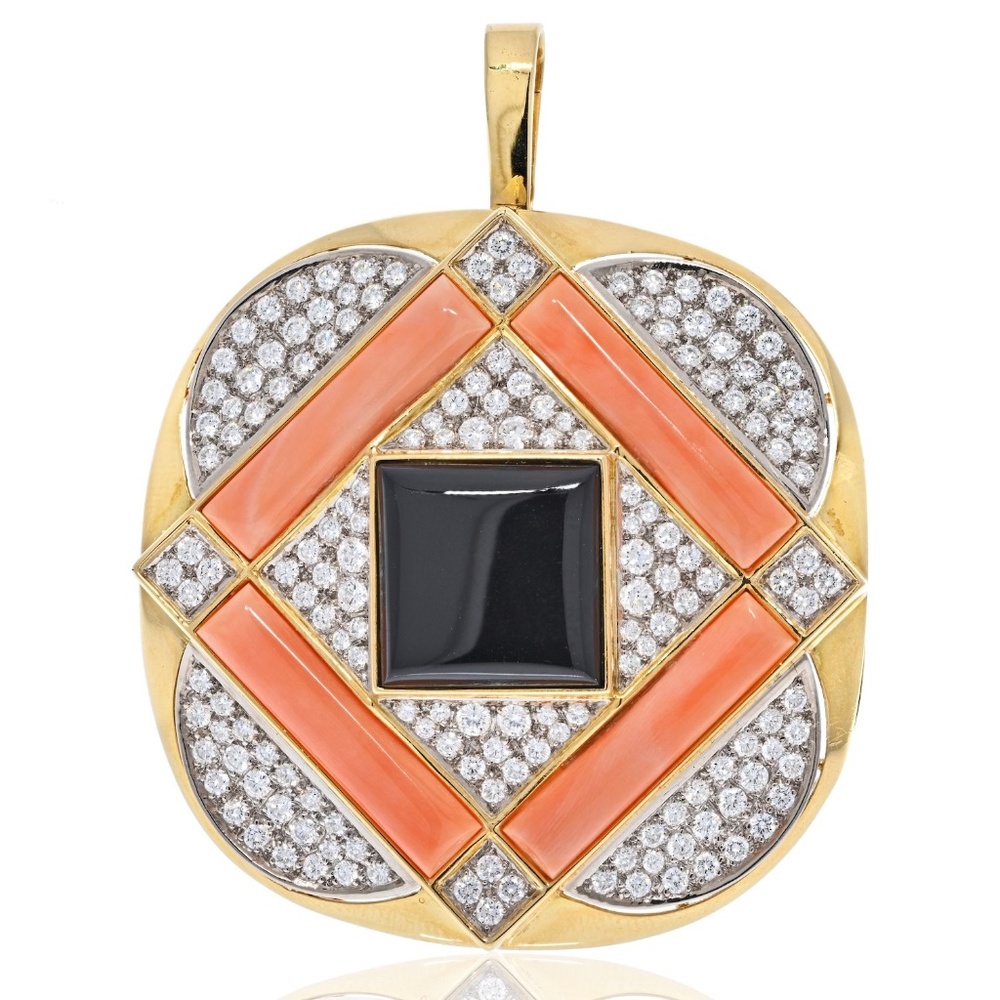Vacheron Constantin 18KYellow Gold 1970's Coral, Diamond And Onyx Pendant Brooch